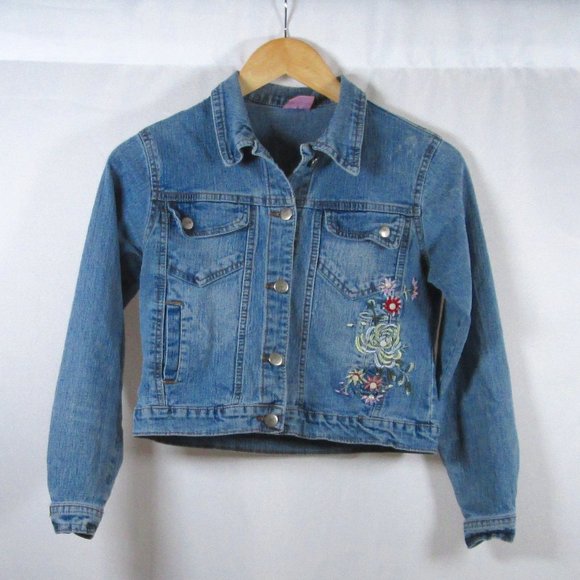 Ge'Ge' Girls Blue Jean Jacket w\ Embroidered Flower, gem, and Bead accen… - Picture 1 of 5